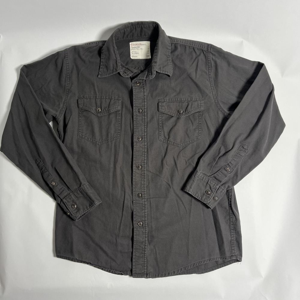 Wrangler Men's Dark Grey Denim Cotton Button-Up‎ Shirt M Point Collar Pockets